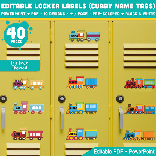 Editable Locker Labels, Toy Train Themed Cubby Name Tags, Pre-Colored + Black & White, PDF + PowerPoint, Perfect for Kids Back to School Craft