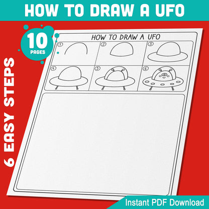 Draw Your Own UFO: Easy 5-Page Step-by-Step Drawing Guide for Kids with 5 Fun Coloring Pages, Perfect for Space-Themed Activities, PDF File, Instant Download