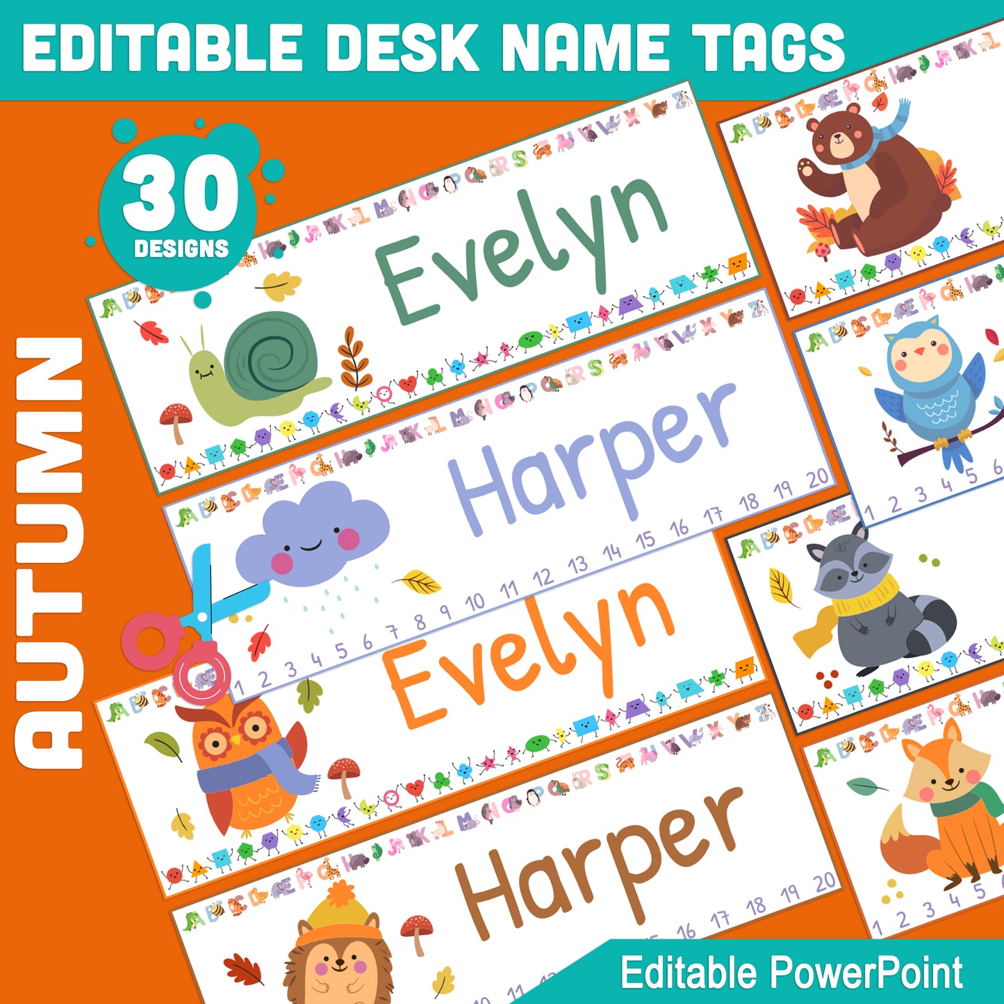 Autumn-Inspired Custom Name Plates for Students: 30 Fun Designs, 8.5"x11", 2 Per Page, 10"x3.25", Features Alphabet, Shapes, and Numbers 1-20