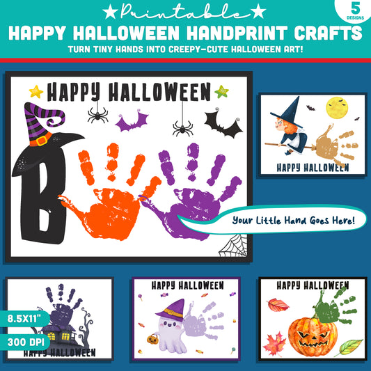 Happy Halloween Handprint Crafts, 5 Printable Designs, 8.5x11", Stamp & Decorate Little Hands into Spooky Halloween Art, PDF Instant Download