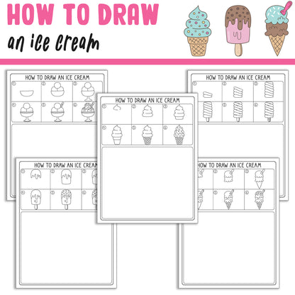 How To Draw an Ice Cream, Directed Drawing Step by Step Tutorial, Includes 5 Coloring Pages, PDF File, Instant Download