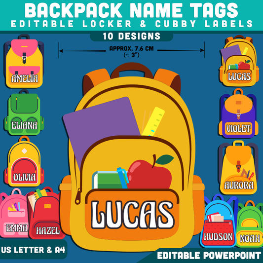 Backpack Name Tags, Editable Locker & Cubby Labels, Personalized School Gear, PowerPoint Template, 10 Designs, Student Organization, US Letter, A4