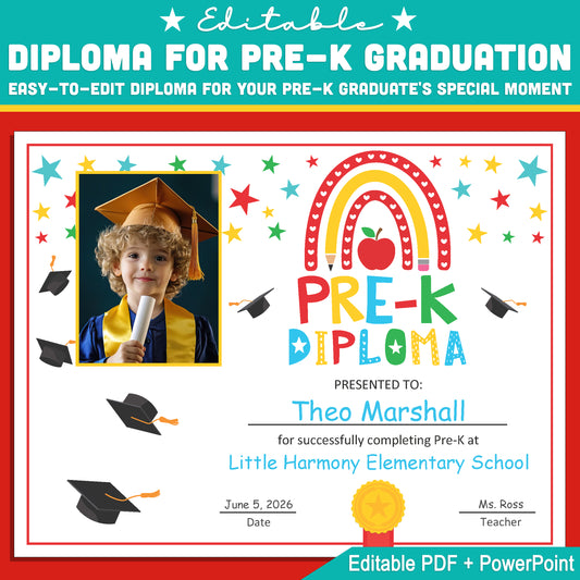 Editable Moving Up Diploma for Pre-K with Student Photo, Rainbow Graduation Award, PDF and PowerPoint Format, Instant Download