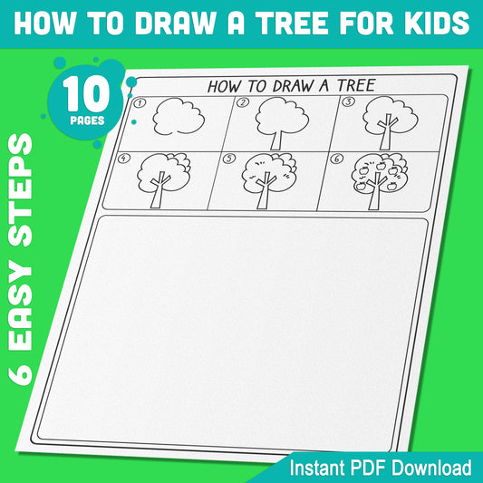 Easy Tree Drawing for Kids: 5-Step Tutorial with 5 Fun Coloring Pages, Engaging and Creative Art Activity for Classroom or Home, Instant PDF Download.