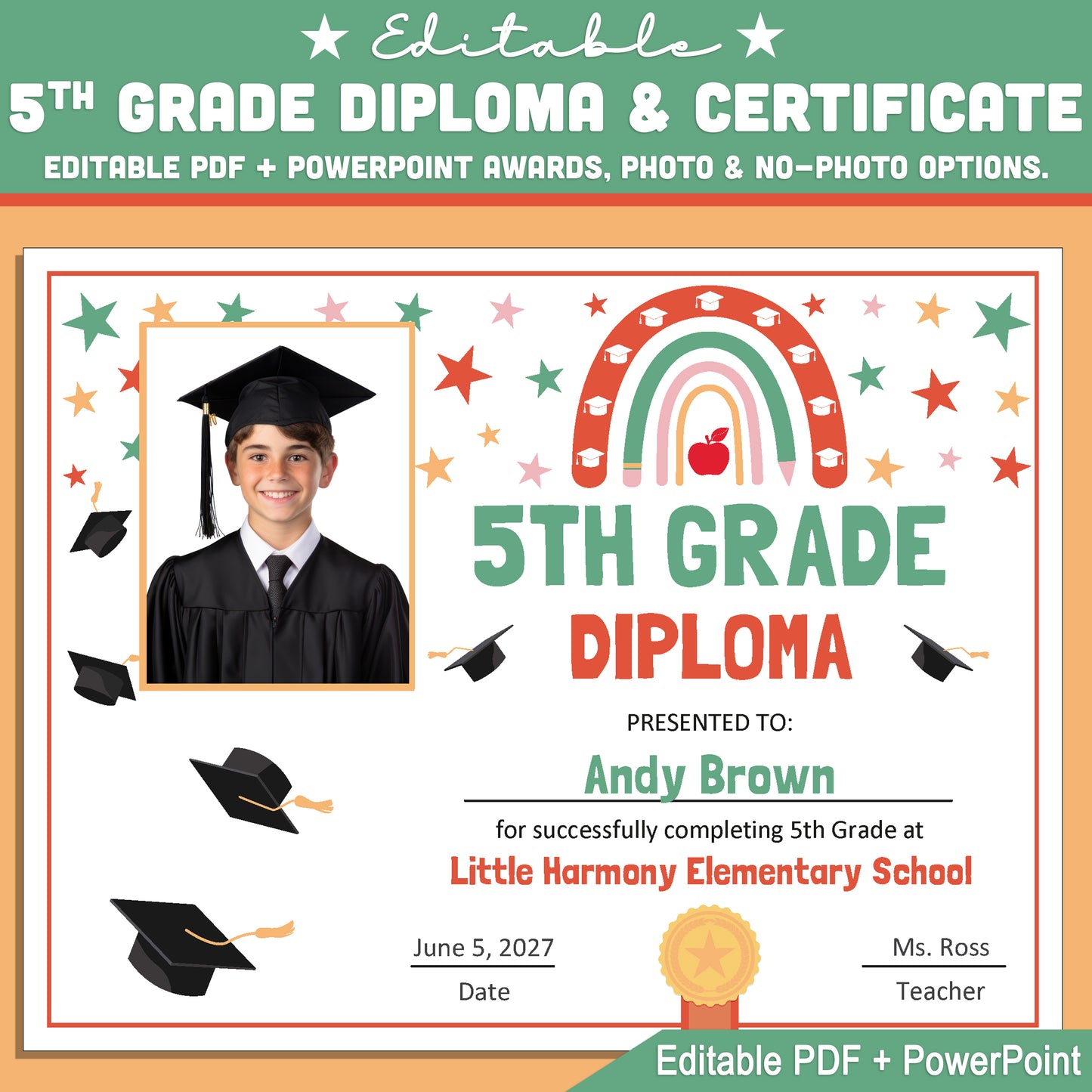 Editable 5th Grade Graduation Diploma & Certificate Set, Retro Rainbow Stars Theme, Printable Awards, Photo or No-Photo, PDF, PowerPoint