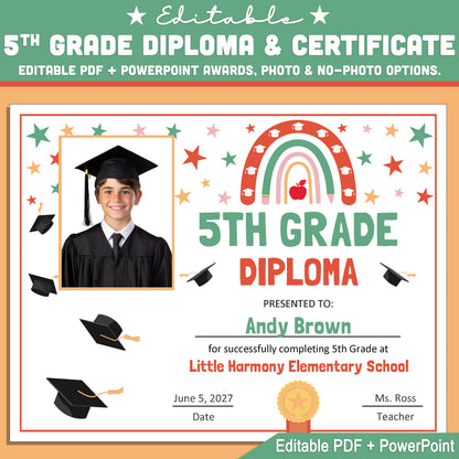 Editable 5th Grade Graduation Diploma & Certificate Set, Retro Rainbow Stars Theme, Printable Awards, Photo or No-Photo, PDF, PowerPoint