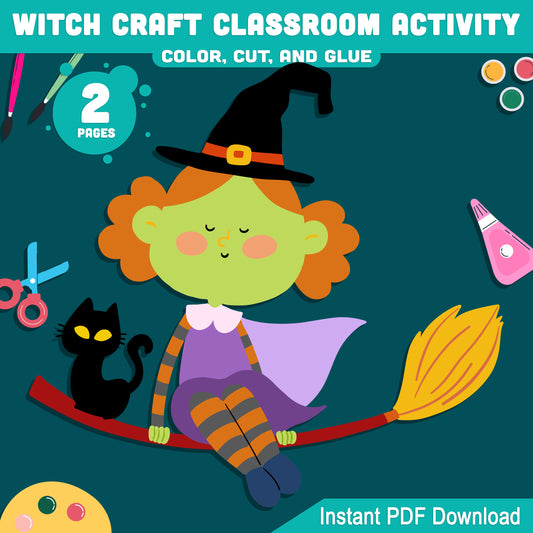 Printable Witch Craft Classroom Activity, Color Cut and Glue Project for Preschool, Pre-K, Kindergarten, Easy Halloween Craft, 2 Pages PDF