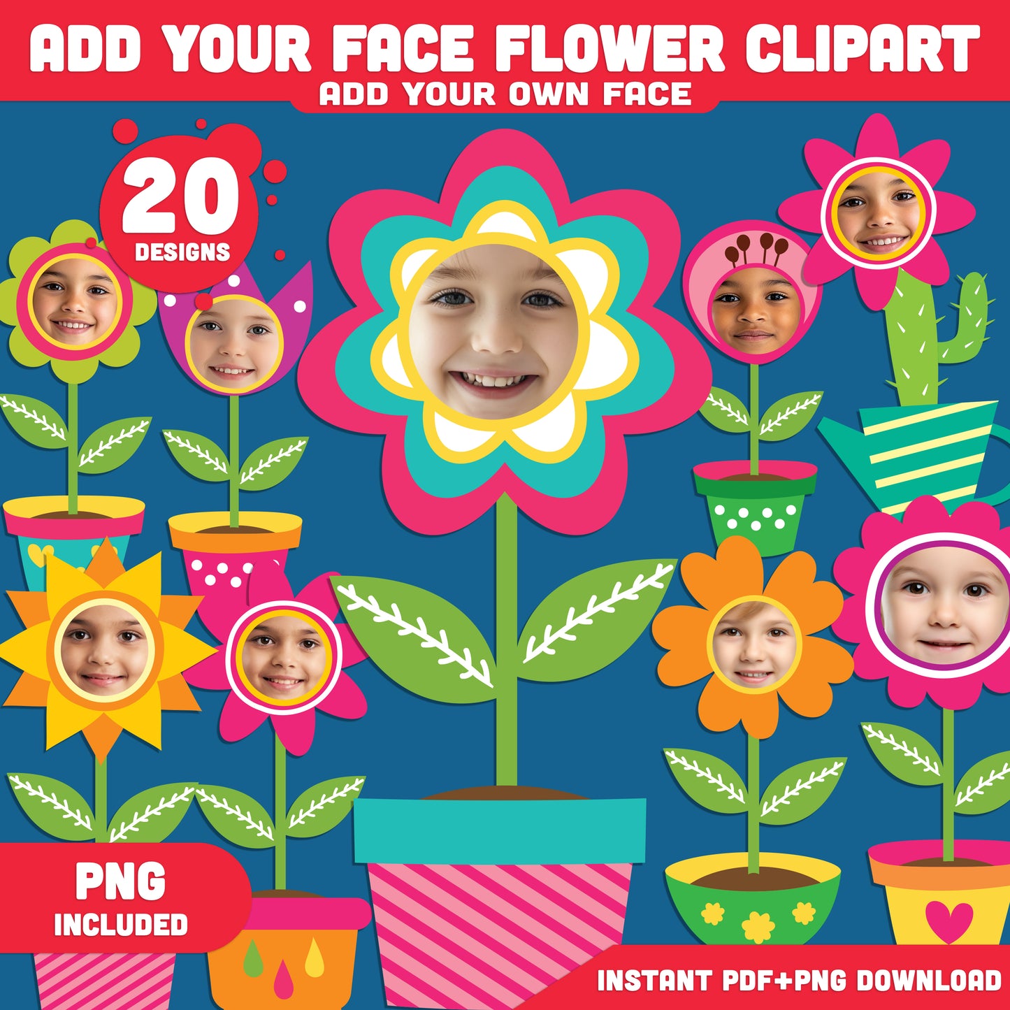 DIY Flower Face Clipart Templates: Add Your Own Photo to Cute Floral Body Cutouts, Fun Spring Craft for Kids, Printable PDF + PNG for Easy Photo Swap Activity.