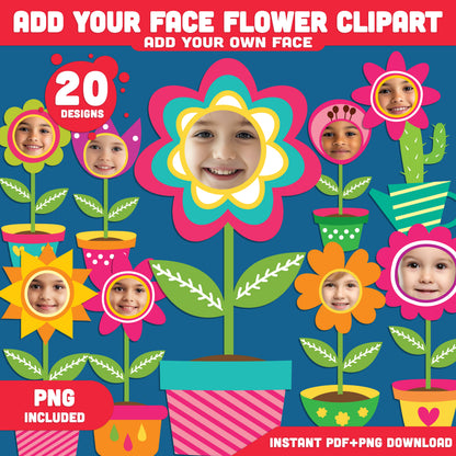 DIY Flower Face Clipart Templates: Add Your Own Photo to Cute Floral Body Cutouts, Fun Spring Craft for Kids, Printable PDF + PNG for Easy Photo Swap Activity.