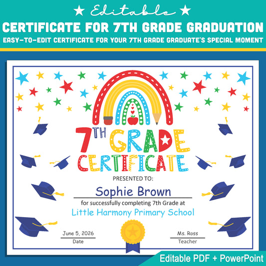 7th Grade Certificate Template: Graduation and Achievement Recognition Design in Editable PDF & PowerPoint, Perfect for Special Milestones, Letter Size