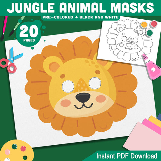 Animal Masks Printable for Kids: 10 Jungle-Themed Designs to Color, Cut & Assemble, Includes Black & White & Pre-Colored Versions, PDF Download