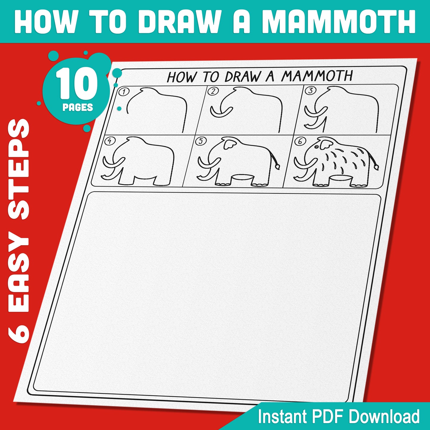 Step-by-Step Mammoth Drawing for Kids: 5-Page Tutorial with 5 Fun Ice Age Coloring Pages, Great for Christmas Art Activities, Instant PDF Download