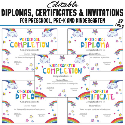 37 Editable Pre-Kindergarten, Kindergarten, and Preschool Diploma, Certificate & Invitation Templates, PDF Files, Instant Download