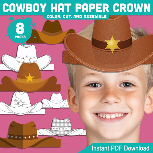Cowboy and Cowgirl Paper Hat Crowns – Western-Themed Headband Crafts for Kids, 4 Designs, Pre-Colored & Black and White, PDF