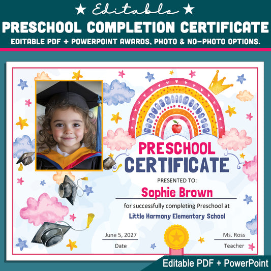 Preschool Completion Certificate, Watercolor Rainbow Stars Theme, Editable End of Year Award Set, Photo and No Photo, PDF and PowerPoint