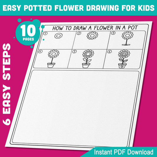 Spring Potted Flower Drawing for Kids: Fun 5-Page Tutorial + 5 Coloring Pages, Perfect for Classroom or Home Art Projects, PDF Download.