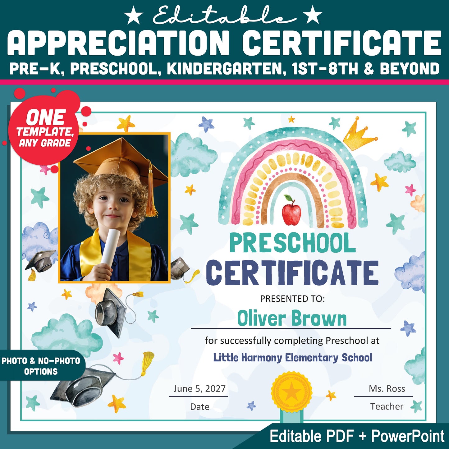 Preschool Appreciation Certificate, Personalized Diplomas and Certificates, Any Grade Awards, With and Without Photo, PDF PowerPoint