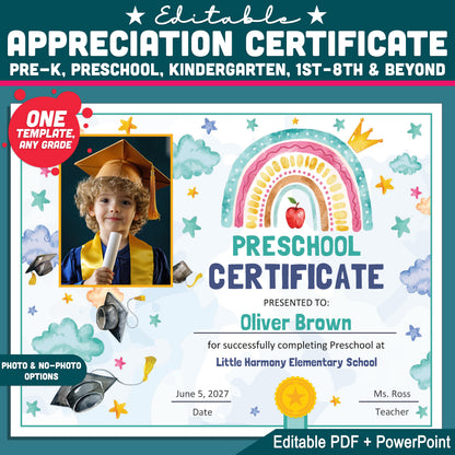 Preschool Appreciation Certificate, Personalized Diplomas and Certificates, Any Grade Awards, With and Without Photo, PDF PowerPoint