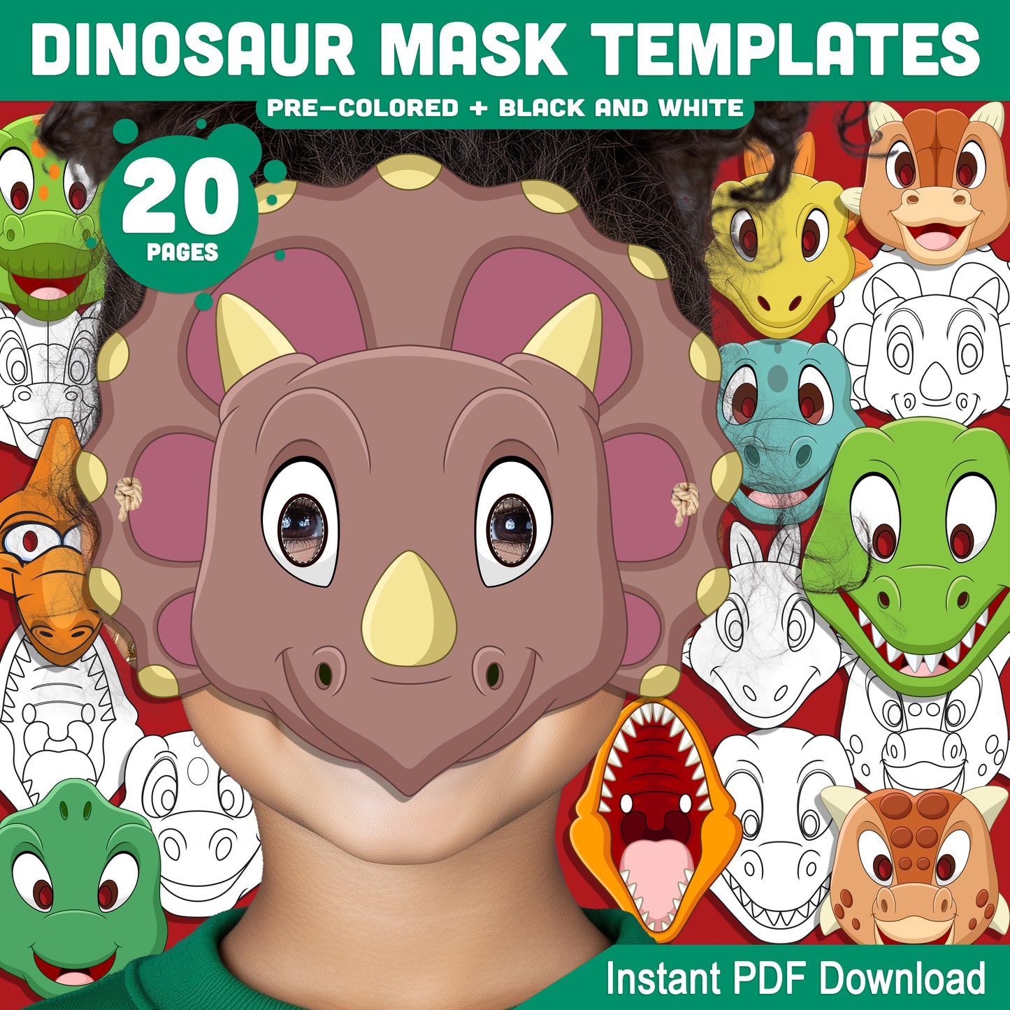 Fun Dinosaur Mask Templates: 20 DIY Printable Pages for Kids, Pre-Colored & Black and White, Great for Role-Playing, Parties & Costumes