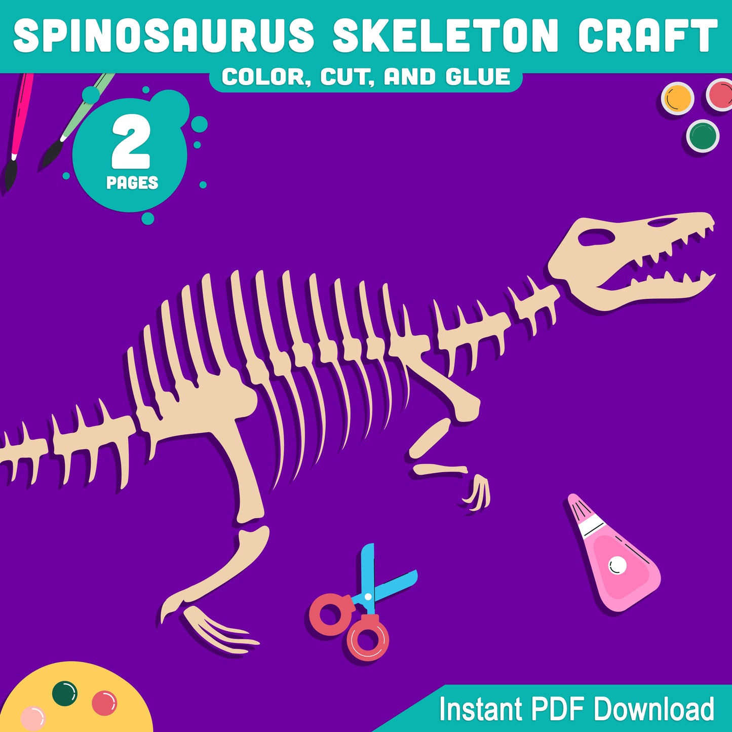 Spinosaurus Skeleton Craft, Build a Dinosaur Skeleton, Printable Cut and Paste Activity, Pre-Colored & Black and White, US Letter, A4 PDF