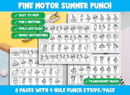 Fine Motor Summer Punch, Summer Time Hole Punch Activities for Task Boxes & Tubs, 8 Pages, 4 Strips/Page, PDF File, Instant Download.