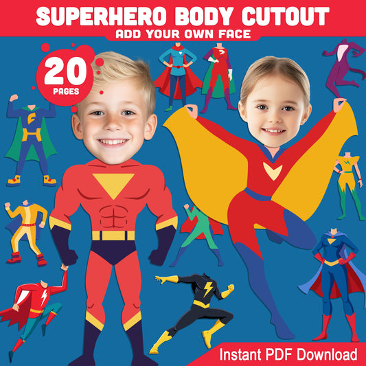 Printable Superhero Body Templates – 20 Add-Your-Face Cutouts for Pre-K, Preschool, and Kindergarten Craft Fun, Instant PDF Download