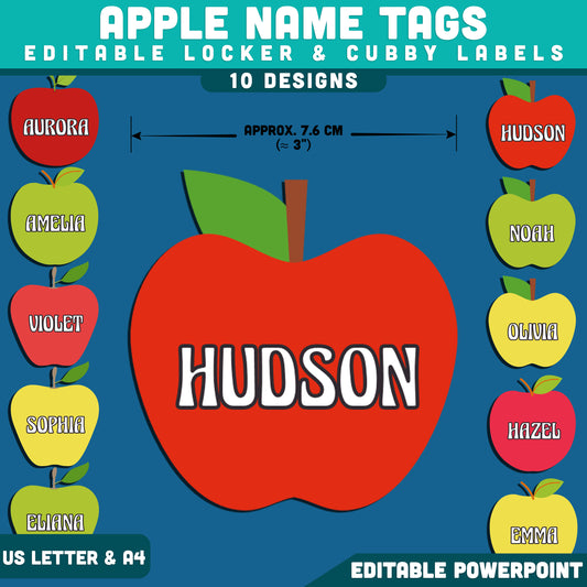 Apple Name Tags, Editable Locker & Cubby Labels, Classic School Theme, PowerPoint Template, 10 Designs, Student Organization, Back to School, US Letter