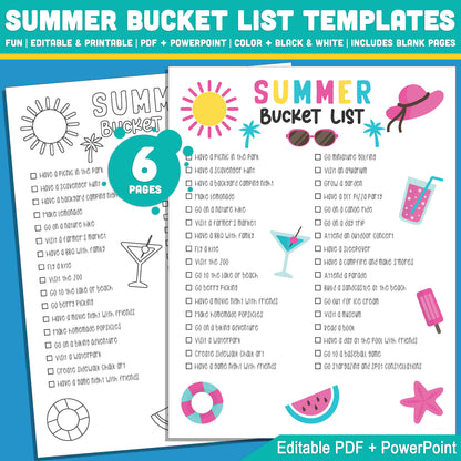 Summer Bucket List for Kids: Editable Printable Template in PDF & PowerPoint, Pre-Colored & Black & White Versions, 8.5x11, Instant Use