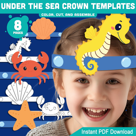 Under the Sea Crown Templates – 8 Fun Printable Headbands in Pre-Colored + Black & White for Preschool and Kids’ Ocean Crafts, PDF Download
