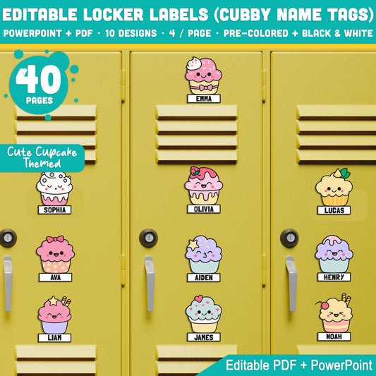 Editable Locker Labels (Cubby Name Tags), Cute Cupcake Themed, 40 Printable Pages, 10 Designs, PDF + PowerPoint, Perfect for Classroom Organization