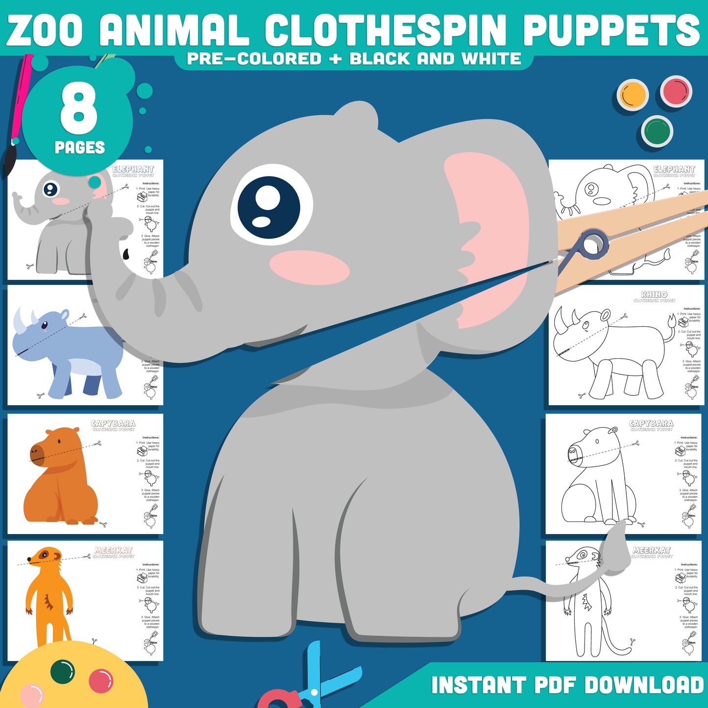 Zoo Animal Clothespin Puppets, Interactive Wildlife Craft Activity, Elephant Capybara Meerkat Rhino Printable Set