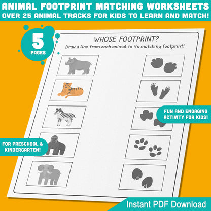 Animal Footprint Matching Fun: 5 Worksheets with 25+ Tracks for Kids to Learn and Match, Instant PDF File Download