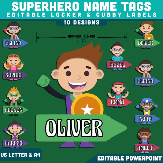 Superhero Name Tags Editable, Locker & Cubby Labels, Student Desk Decor, PowerPoint, 10 Designs, Classroom Organization, US Letter, A4