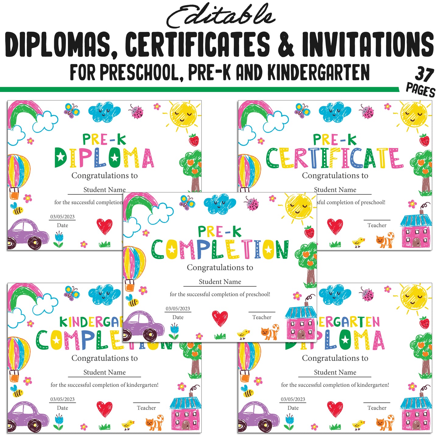 37 Customizable Kids' Drawing Pencil-Themed Pre-K, Kindergarten, and Preschool Diplomas, Certificates, and Invitation Templates (PDF)