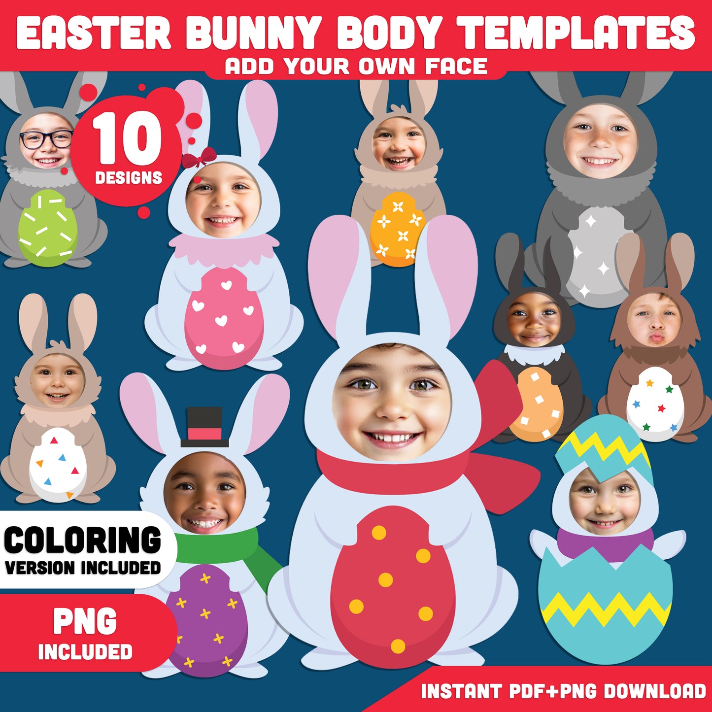 Easter Bunny Face Insert Templates | Easter Bunny Body Templates – Spring Add Your Own Face Craft for Kids, Coloring Version Included