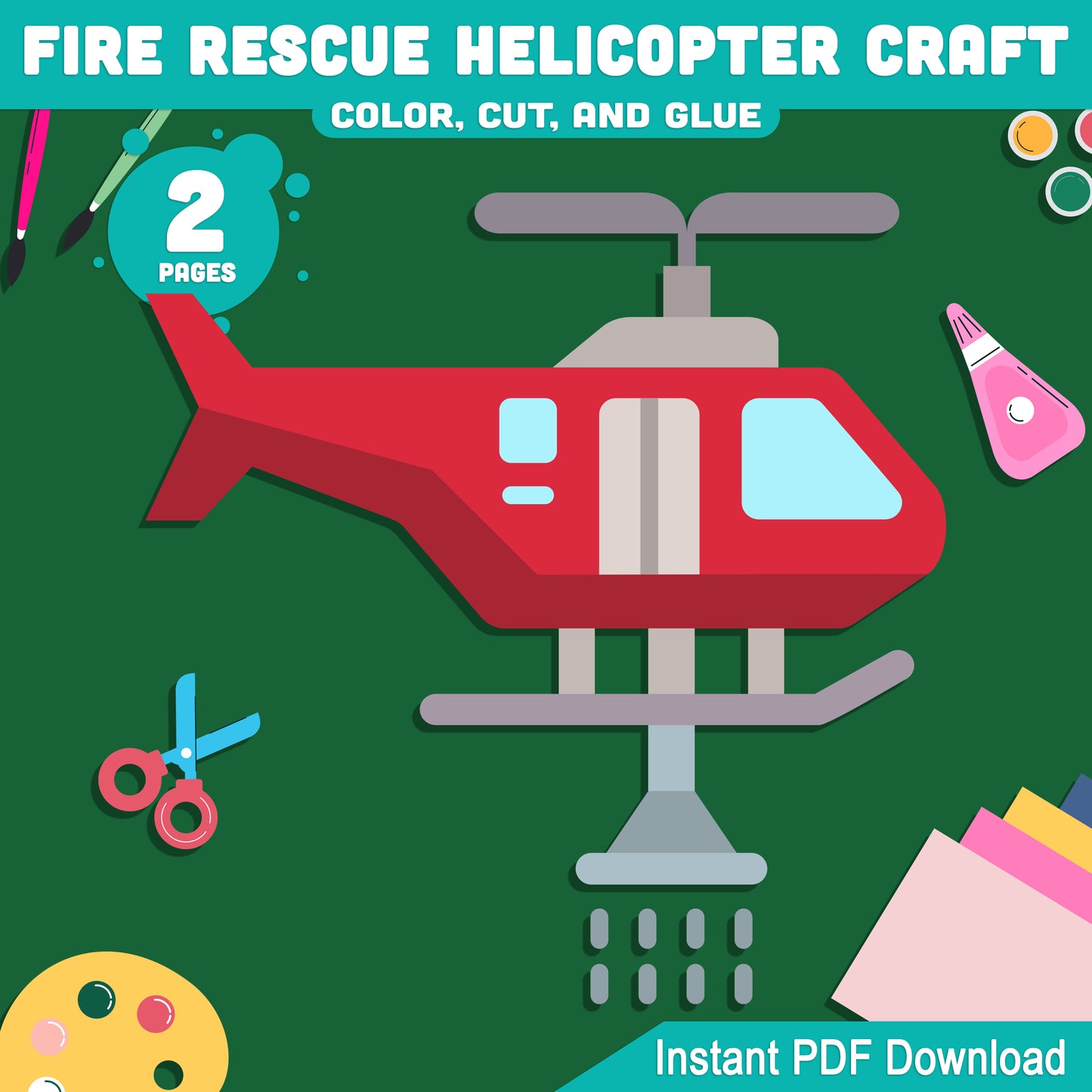 Interactive Fire Rescue Helicopter Craft: DIY Color, Cut, and Glue Activity for Kids' Art Projects, Suitable for Home or Classroom Use, PDF Download