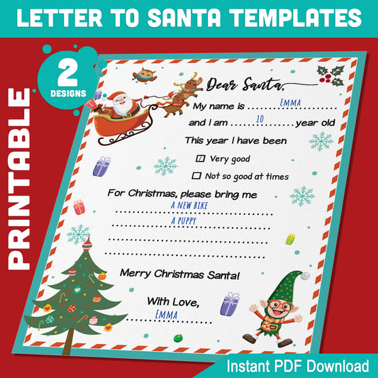 Fill-in-the-Blank Santa Letters: 2 Festive Printable Templates for Kids, Easy 8.5x11 Designs for Christmas Wishes, PDF Instant Download!