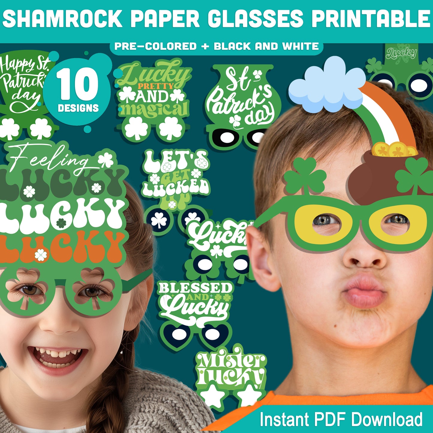 Shamrock Paper Glasses Printable, St. Patrick’s Day Glasses Craft Activity for Kids, 10 Designs, Pre-Colored and Black & White PDF