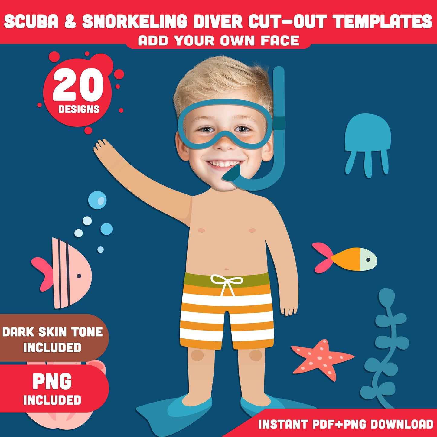 Scuba & Snorkeling Body Cut-Out Craft for Kids – Underwater Summer Dress-Up Printable with Add-Your-Face Fun, 20+ Pages, Instant PDF + PNG, Light + Dark Skin Included