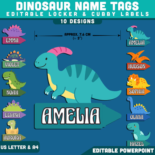 Dinosaur Name Tags, Editable Locker & Cubby Labels, Back to School Classroom Decor, PowerPoint Template, 10 Designs, US Letter, A4