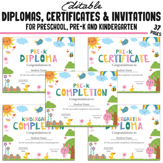 37 Editable Pre-K Completion Certificates, Kindergarten, Preschool Diplomas & Invitation Templates, Cute Spring-Themed, PDF Instant Download