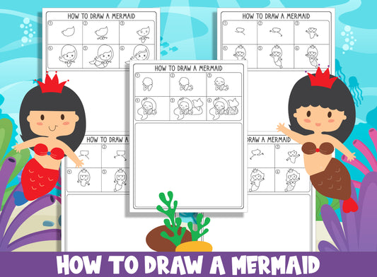 Learn How to Draw a Mermaid, Directed Drawing Step by Step Tutorial, Includes 5 Coloring Pages, PDF File, Instant Download