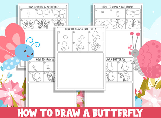 Learn How to Draw a Butterfly, Directed Drawing Step by Step Tutorial, Includes 5 Coloring Pages, PDF File, Instant Download