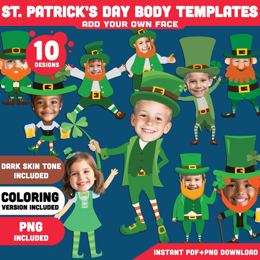 Add Your Own Face St. Patrick’s Day, Leprechaun Body Templates, Printable Coloring Craft for Kids Classroom Use