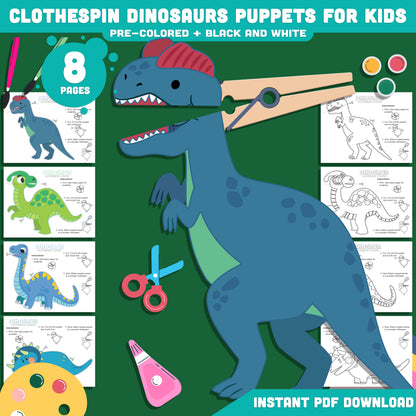 Printable Dinosaur Puppets for Kids, 8-Page Clothespin Craft with 4 Exciting Designs, Pre-Colored and Black & White, Perfect for Playtime Fun, Instant PDF Download