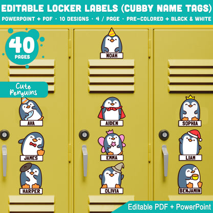 Editable Cubby and Locker Labels, Penguin Themed – 40 Pages, Pre-Colored + Black & White, PDF + PowerPoint