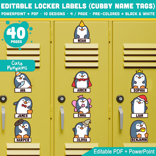 Editable Cubby and Locker Labels, Penguin Themed – 40 Pages, Pre-Colored + Black & White, PDF + PowerPoint