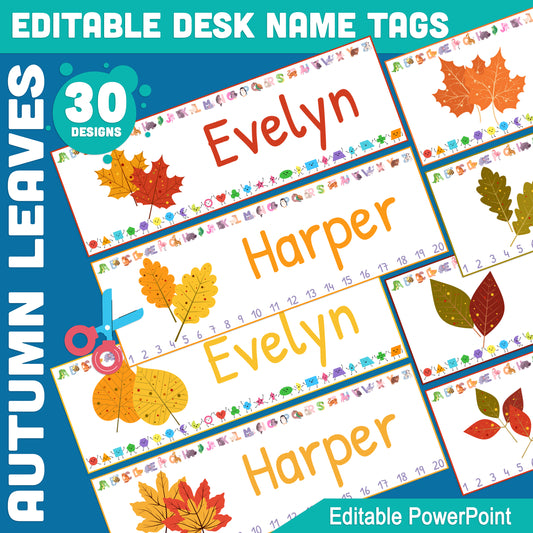 Autumn Leaves Editable Desk Name Tags for Students: 30 Fall-Themed Designs with Alphabet, Shapes, Numbers 1-20, 10"x3.25", 2 Per Page, PowerPoint Template