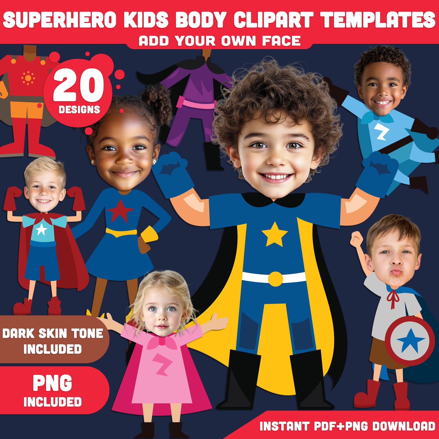 Superhero Kids Body Clipart Templates – Add Your Own Face to 20 Fun Hero Designs! Light + Dark Skin Tones, PDF + PNG Instant Download