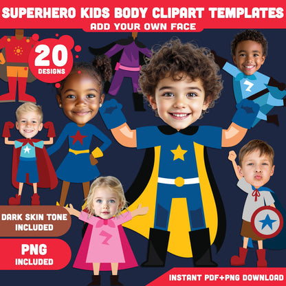 Superhero Kids Body Clipart Templates – Add Your Own Face to 20 Fun Hero Designs! Light + Dark Skin Tones, PDF + PNG Instant Download